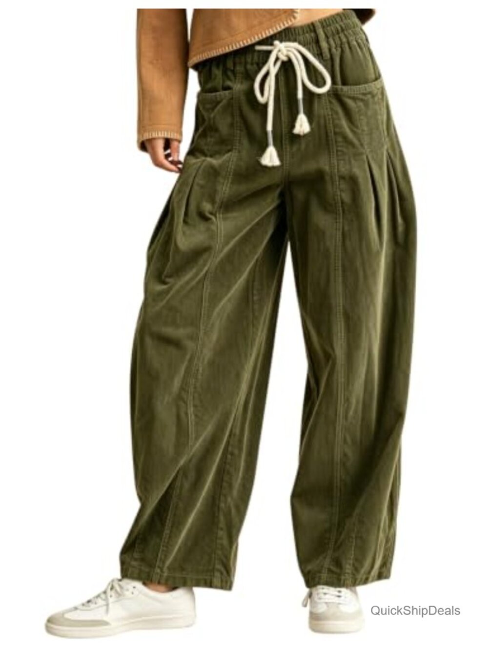 Corduroy Wide Leg Harem Pants Elastic Waist Pleated Tassel Drawstring